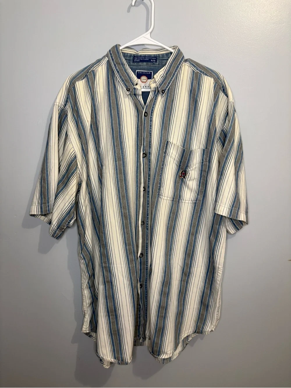 Vintage Coliseum Men's XL Short-Sleeve Button-Up Stripe Shirt Blue White Gray - Picture 5 of 16